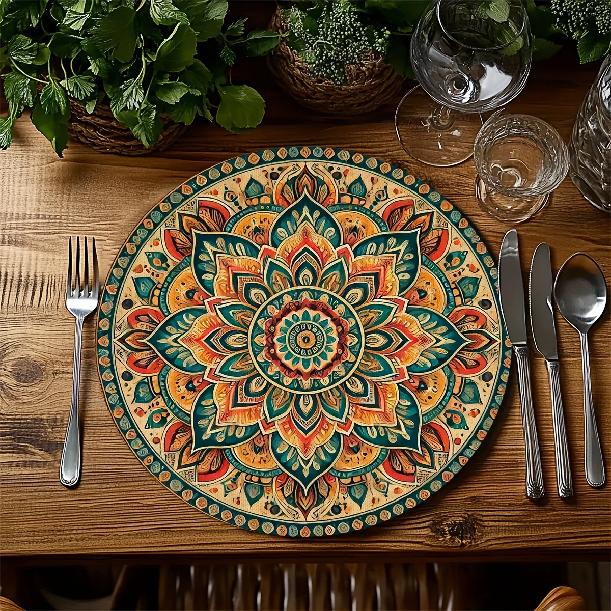 VIKAMA Vintage Mandala Round Placemat Bohemian Floral Table Mat Waterproof Heat Resistant Plate Pad Ethnic Dining Decor