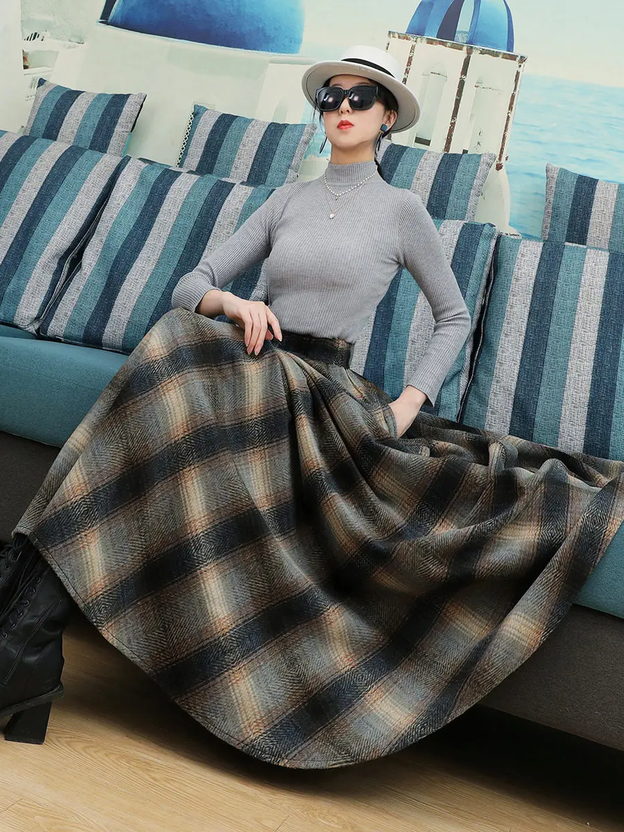 New Autumn Winter All-match Mid-length Vintage A-line Umbrella Skirt All-match Elastic Waist Vintage Plaid Women Woolen Skirts