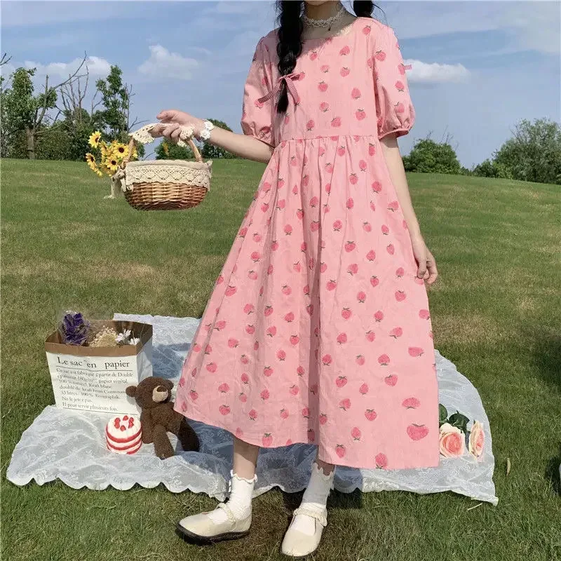 Hstar Kawaii Strawberry Dress Summer Pink Sweet Cute Puff Sleeve Maxi Dresses For Women Lovely Girl Vintage Holiday Sundres NM33 view 6