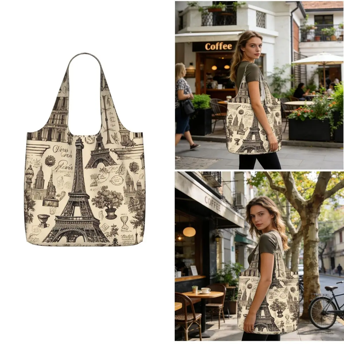 French Paris France Eiffel Tower Shopping Tote Bag Canvas Large Capacity Shoulder Bags Shopper Grocery Handbag for Women