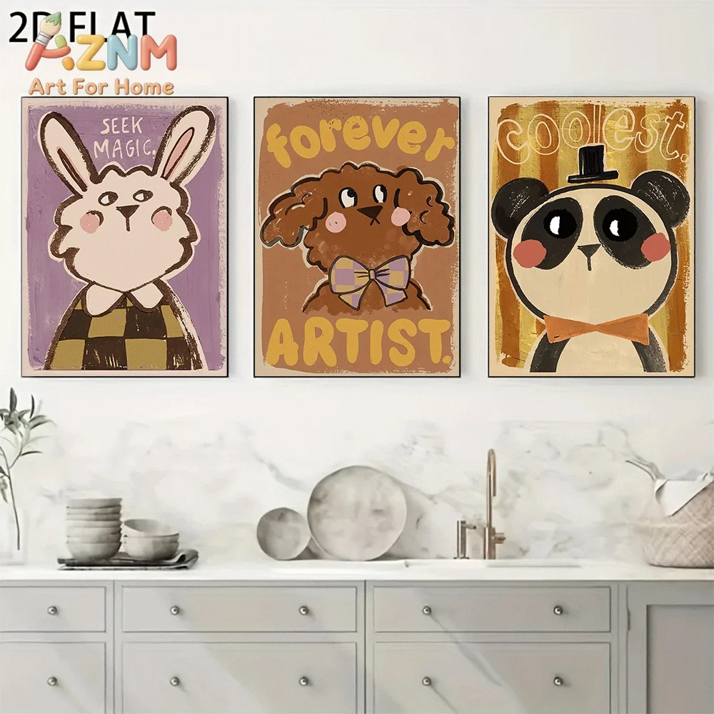 AZNM Retro Cartoon Rabbit Dog Panda Bow Tie Canvas Wall Art, Seek Magic Forever Artist Coolest Cute Animal Quote Print Painting
