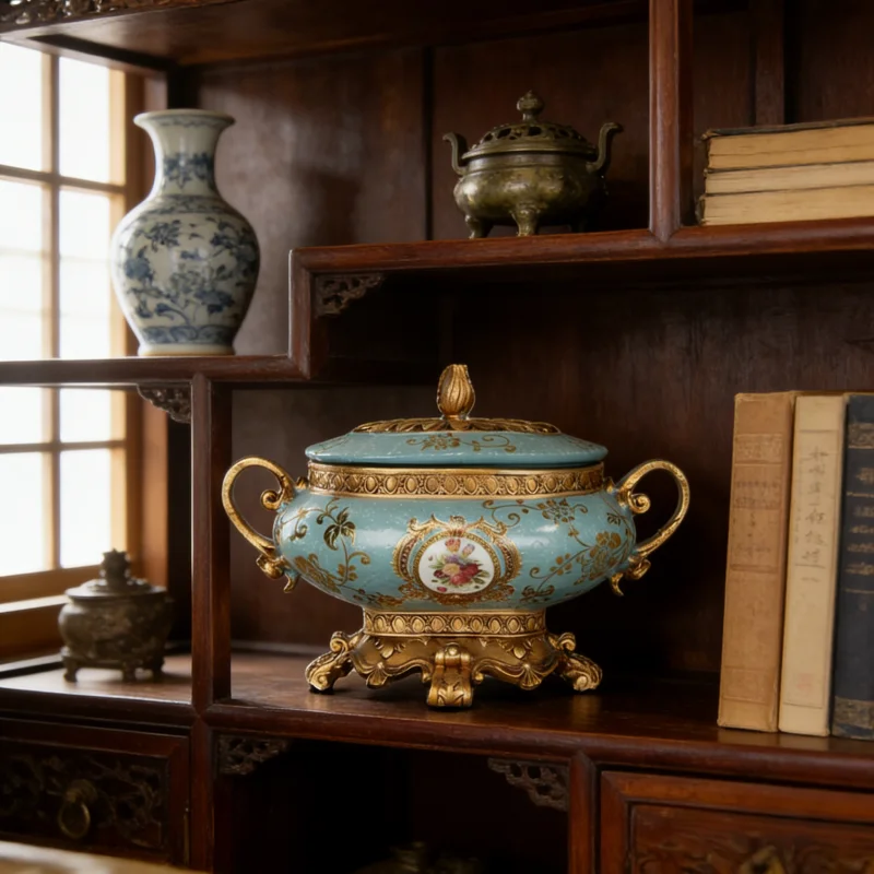 

Villa Showroom Ceramic Decor Jar European Retro Style Living Room Entrance Craft Ornament Multifunctional Storage Home