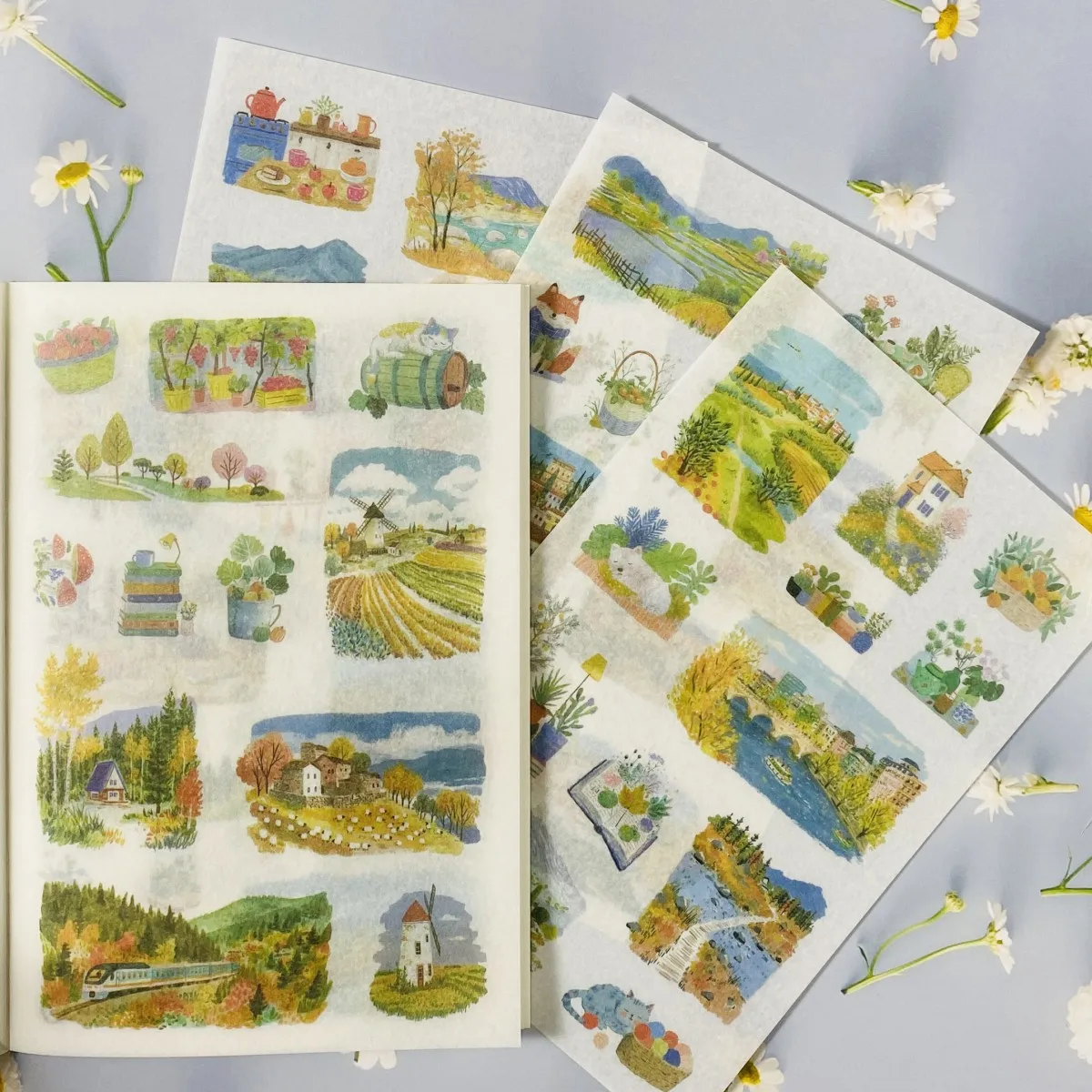 20sheets Scrapbook Landscape Stickers Dual Materials PET and Washi Paper for Scrapbooking Journaling DIY Crafts Card Making
