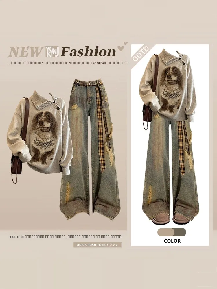 

Lazy Cartoon Knitted Sweater Set Women's Loose Jeans Pants Long Sleeve Thermal Wear Winter Fashion Two-Piece Suit Casual Style