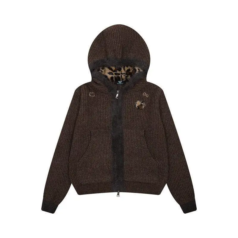 

Свитер-кардиган Sanrio Hello Kitty из смесового хлопка для девочек, повседневная одежда, с вышивкой, леопардовым принтом, капюшоном, на молнии, свободный крой, милый