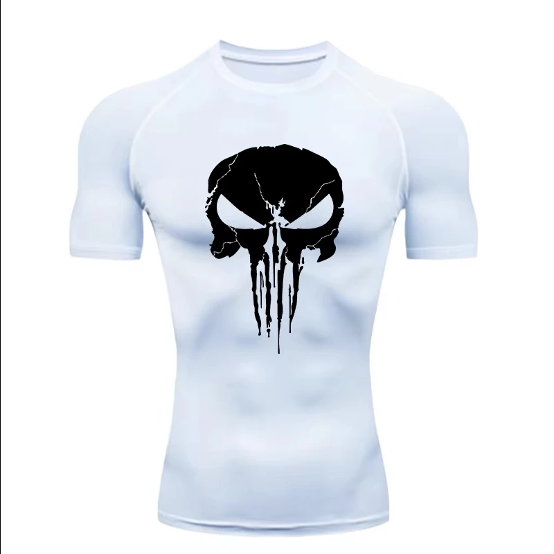 New Men's Skull Print Quick Dry Waterproof Compression Rashguard Short Sleeve Tee for Gym Running JW133