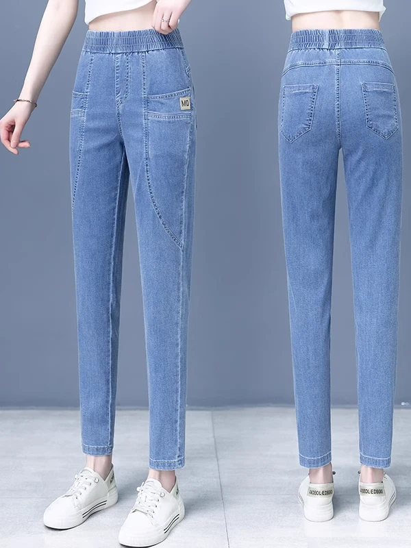 

Джинсы-харлан с высокой талией для женщин, свободный крой, весна-осень, эластичный пояс, универсальные, стройнящие, повседневные, прямые брюки-джинсы