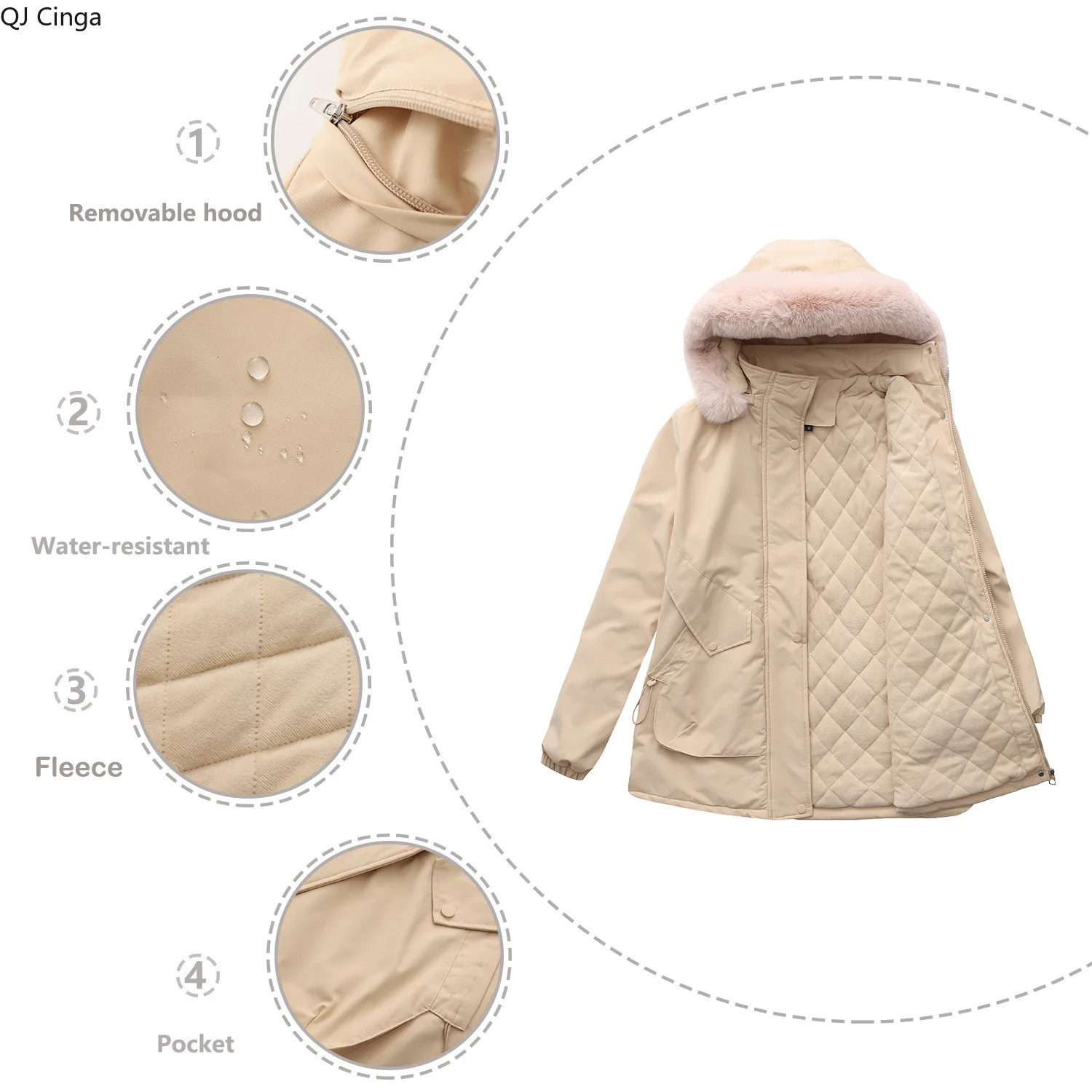 ใหม่ฤดูหนาวสีชมพูผู้หญิงเสื้อแจ็คเก็ตหนาความยาวกลาง,เสื้อแจ็คเก็ตคลุมด้วยผ้าสีแดง,ฮู้ดที่ถอดออกได้,สีเขียว,สีดำ,สีเทา,เสื้อคลุมสีกากี