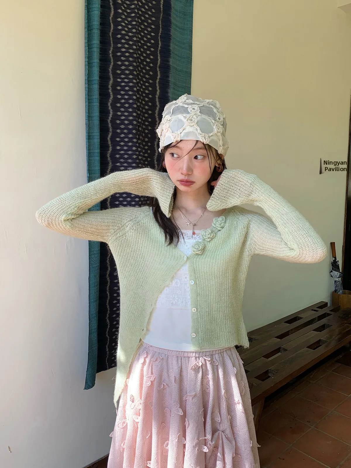 

Cheese Day Women's Hollow out Loose Knitted Cardigan Sweet Spring Set Breathable Long Sleeve Mid-Length Polyester Blend