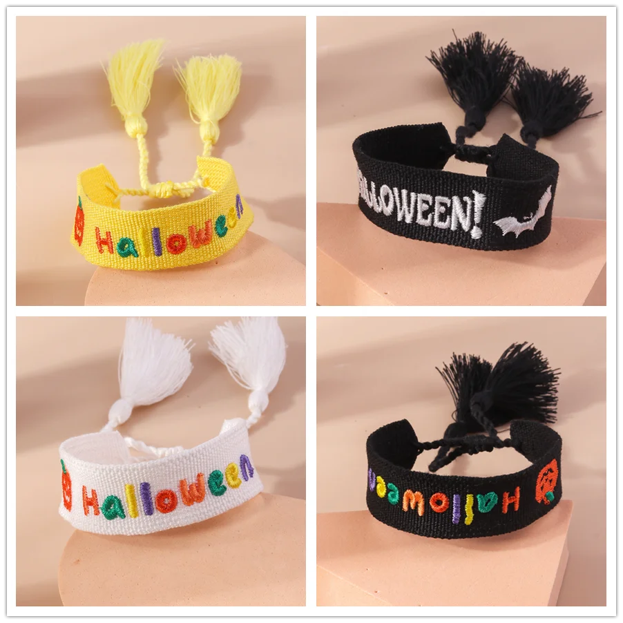 Aihua Mode Stickerei Gestrickte Gewebte Kürbis Halloween Armbänder Handgemachte Einstellbare Geflochtene Armbänder Halloween Schmuck Geschenke