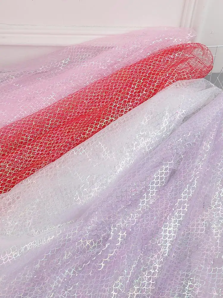 

Colorful Fish Scale Hot Stamped Mesh Fabric Thin Soft Yarn for DIY Handmade Princess Skirt Mermaid Tail Decoration