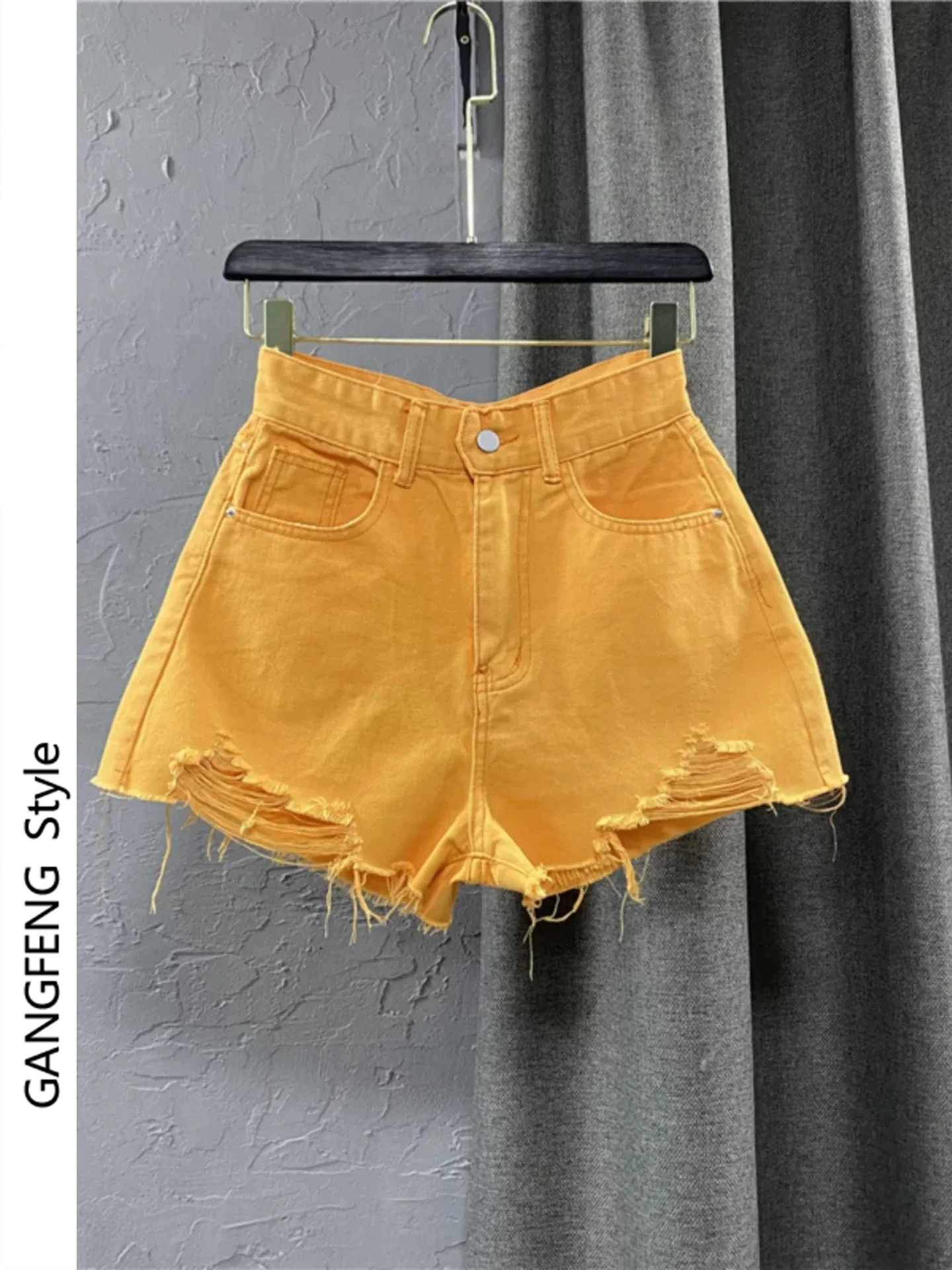 Candy Colored High Waist A-Line Denim Shorts Women's Summer Fashion Wide Leg Pants Korean Style Green Hole Punch Hot Pants