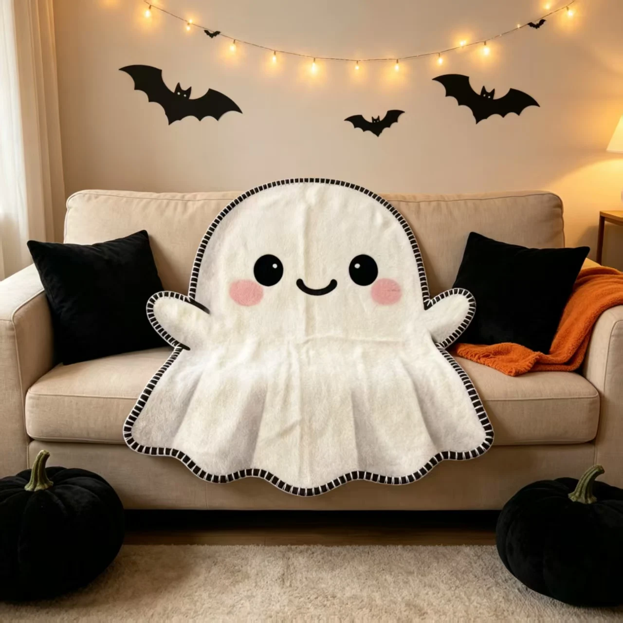 1pc Halloween Cute Ghost Flannel Irregular Blanket, Flannel  Pumpkin Bat Web Full Coverlet Gift