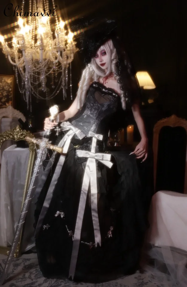 

Original Gothic Halloween Cos Dark Girls Love Fishbone Corset Bowknot Long Skirt Slim-fit Women's Cool Skirt Suit Outfits