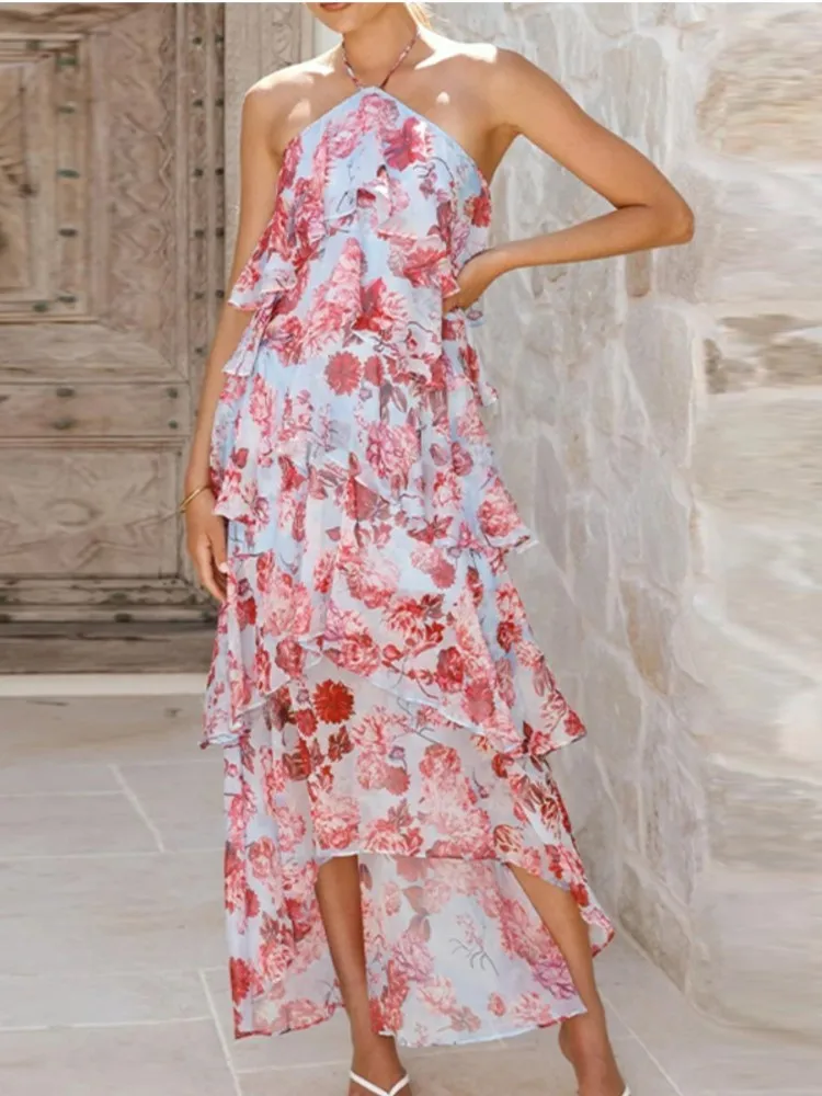 Summer Cover Ups Women Swimsuit Spaghetti Strap Robes Bathing Suit 2026 New Flower Printing Beach Holiday Maxi Dresses Cover-Up