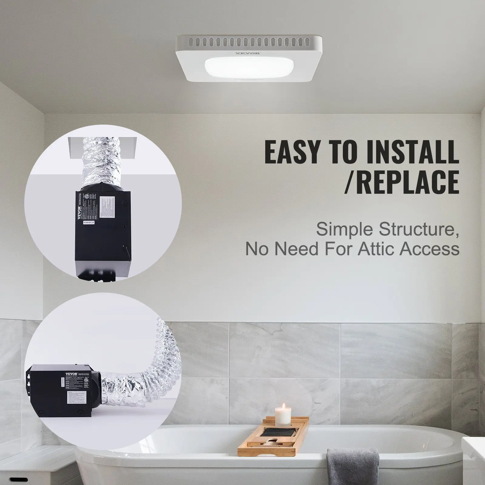 

110 CFM Bathroom Exhaust Fan Low Noise 1.5 Sones All-Copper Motor Energy Saving Ceiling Vent No Attic Access Needed