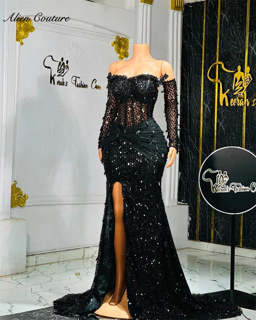 

High-End Black Beaded Mermaid Black Girl Evening Dresses 2025 With Gloves Prom Dresses Wedding Party Dress Customized