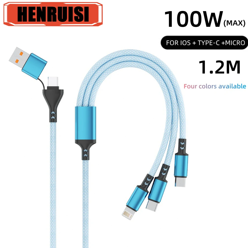 3 In 2 100W Fast Charge Cable Micro USB TypeC Mobile Phone Data Cable For iPhone Huawei OPPO Xiaomi Redmi Samsung Charging Cable