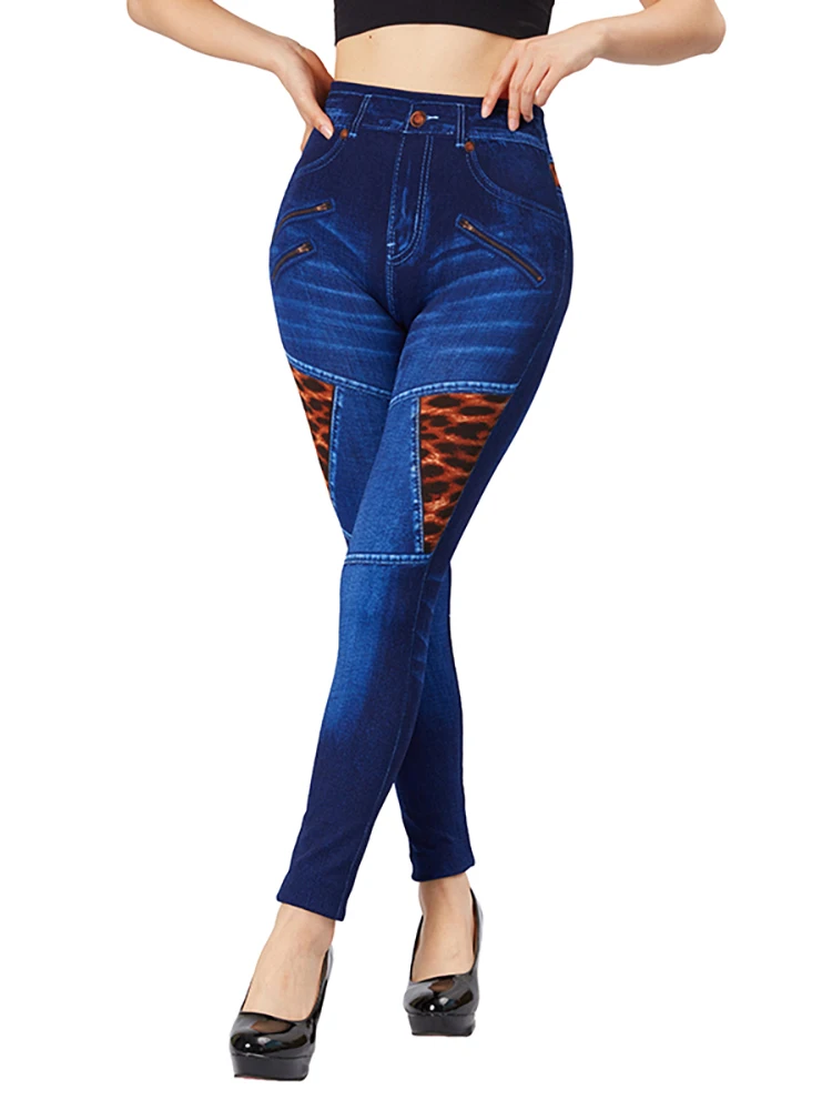 CUHAKCI Splice Leopard Blue False Jeans tasche con cerniera finte stampa Stretch imitazione Denim pantaloni Slim Fit Leggings donna Jeggings