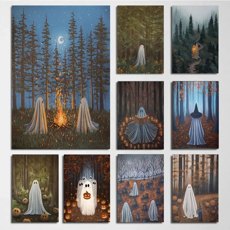 

Vintage Midnight Conjuration And Spooky Ghost Wall Art Canvas Painting Halloween Magic Witch Spellbook Art Poster Print Decor