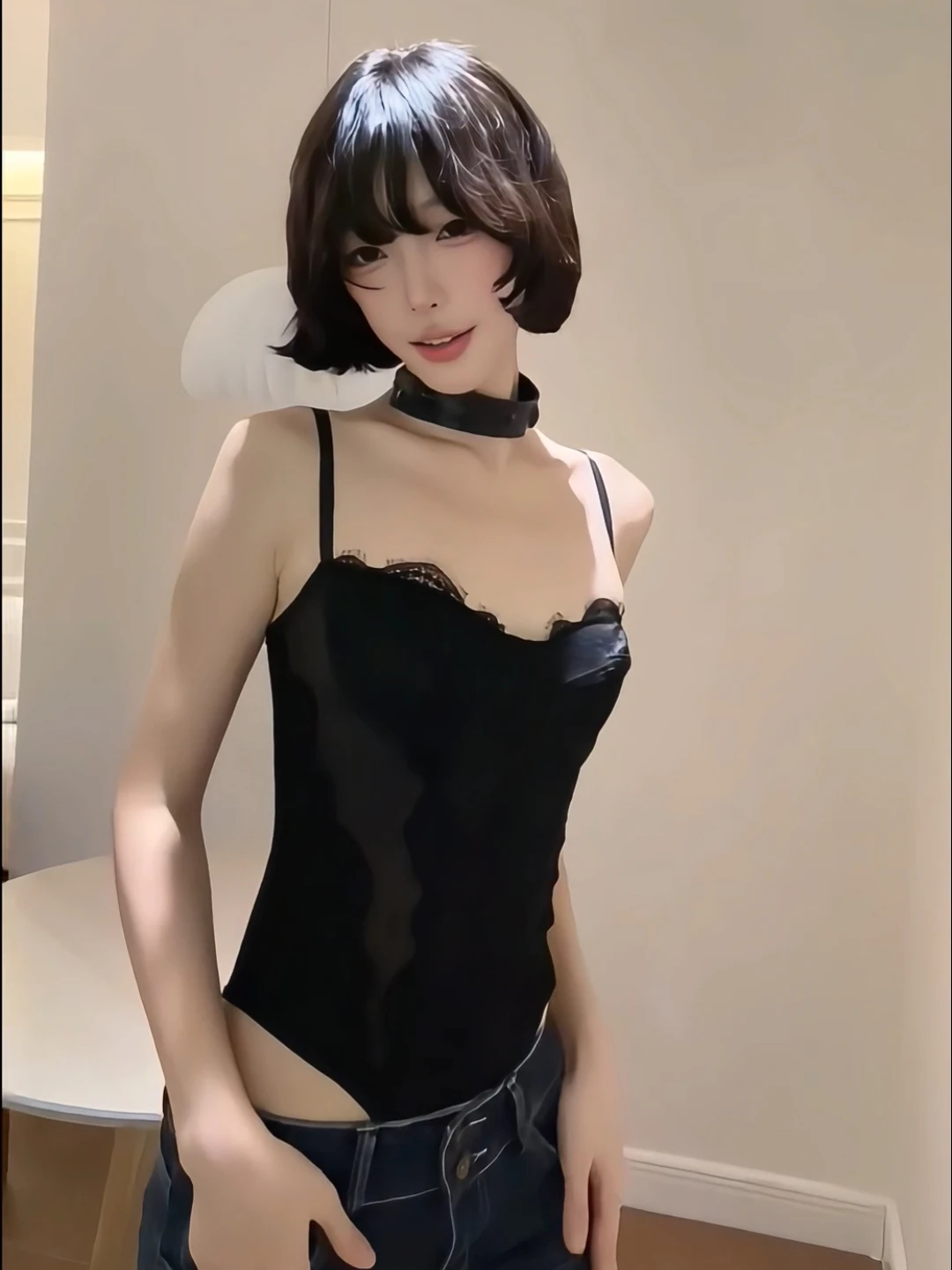 Sexy Kant Me Splice Bikini Set Vintage Pittig Meisje Lente Pure Desire Denim Micro Uitlopende Tweedelige Set Lage Taille Lange Broek