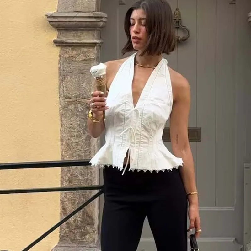 

YENKYE Sexy Backless Elegant Halter White Tops Women Front Bow Tie Lace Trim Ruffle Hem Summer Tank Top Slim Vest