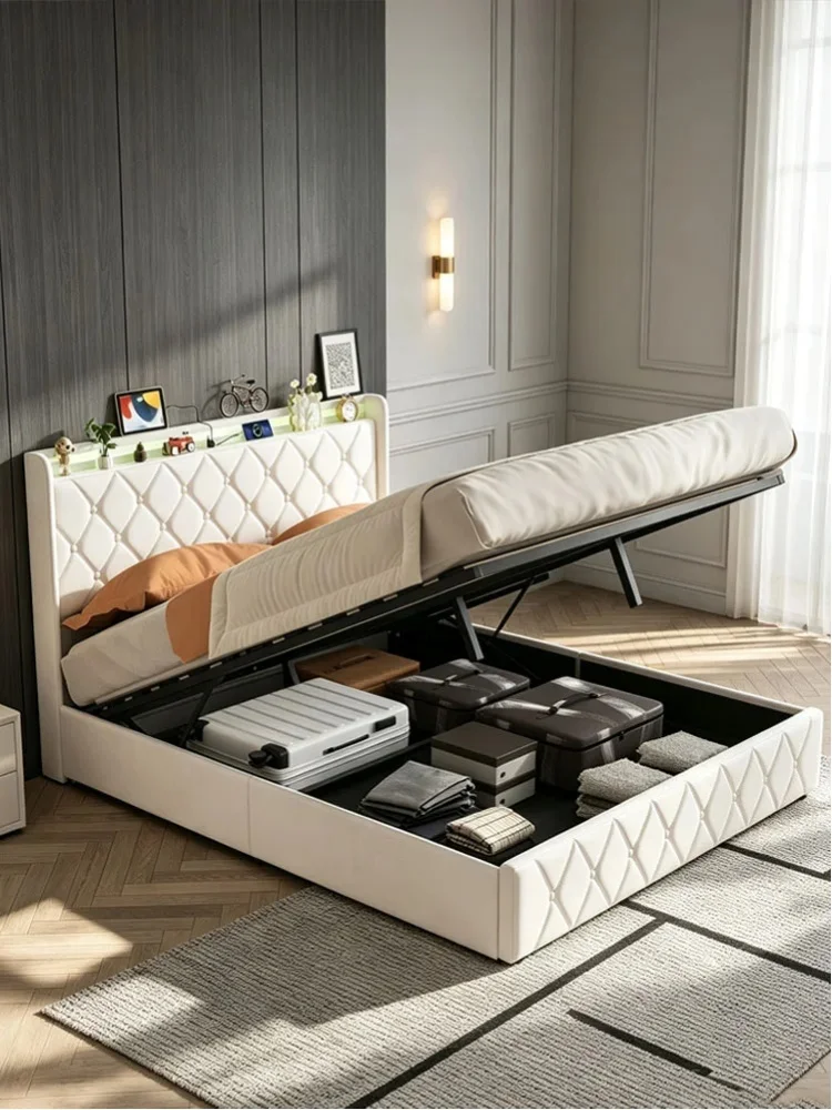 Superaly Erwachsenenbett Polsterbett 140x200cm, Doppelbettgestell mit Stauraum und Kopfteil, Hydraulikbetten für Schlafzimmer und Apartment, Beige