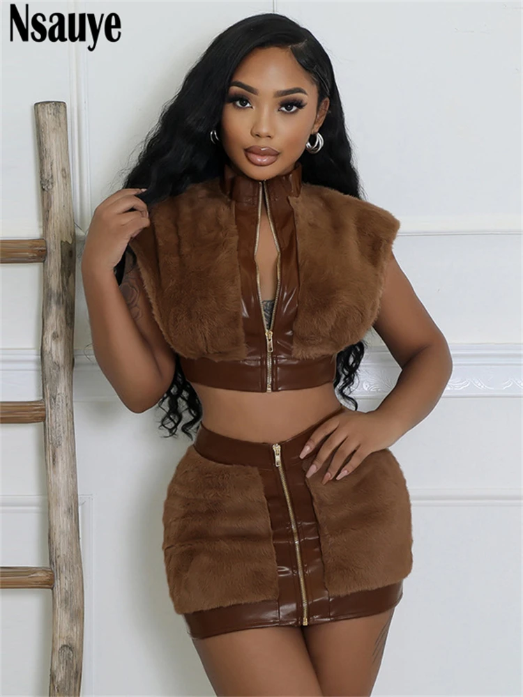 Nsauye Women Faux Fur Sleeveless Crop Tops Vest Coat Sexy Mini Streetwear Y2K Fashion Party Club Dress Skirt Two Piece Set 2024