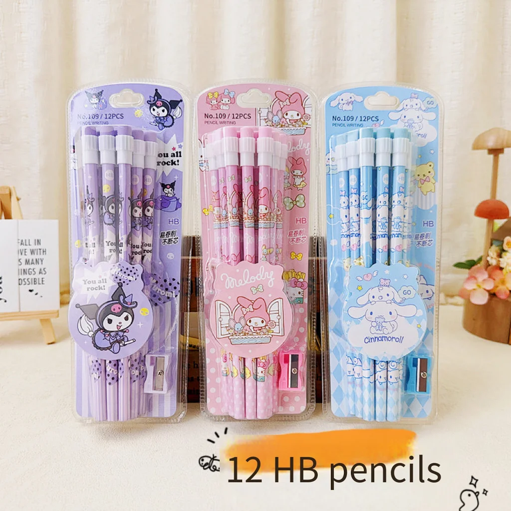 Lápices de la serie Sanrio Kuromi Melody Cinnamoroll Hb, juego de 12 lápices de papelería para estudiantes, escritura, dibujo, lápices Hb, bolígrafos de boceto