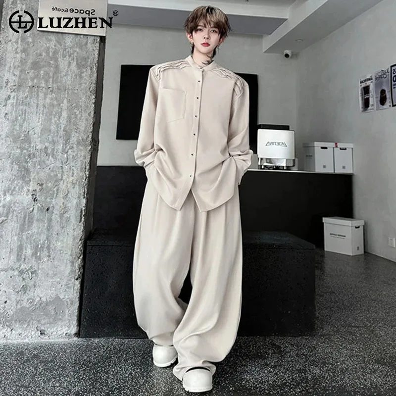 LUZHEN Two-piece Sets 2025 New Shoulder Pad Pleated Elegant Design Long Sleeve Shirts Men's Baggy Wide Leg Casual Pants JY5580