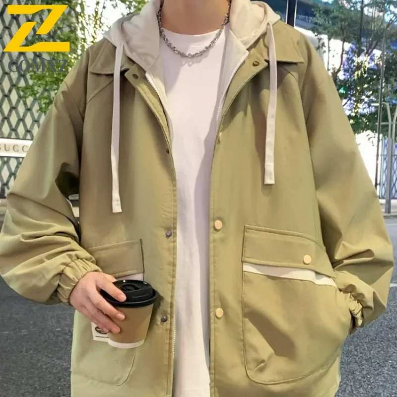 

COMXZ 2025 Мужская куртка на флисовой подкладке, зима-осень, корейский стиль, свободное водонепроницаемое ветрозащитное повседневное пальто с капюшоном для занятий спортом на открытом воздухе