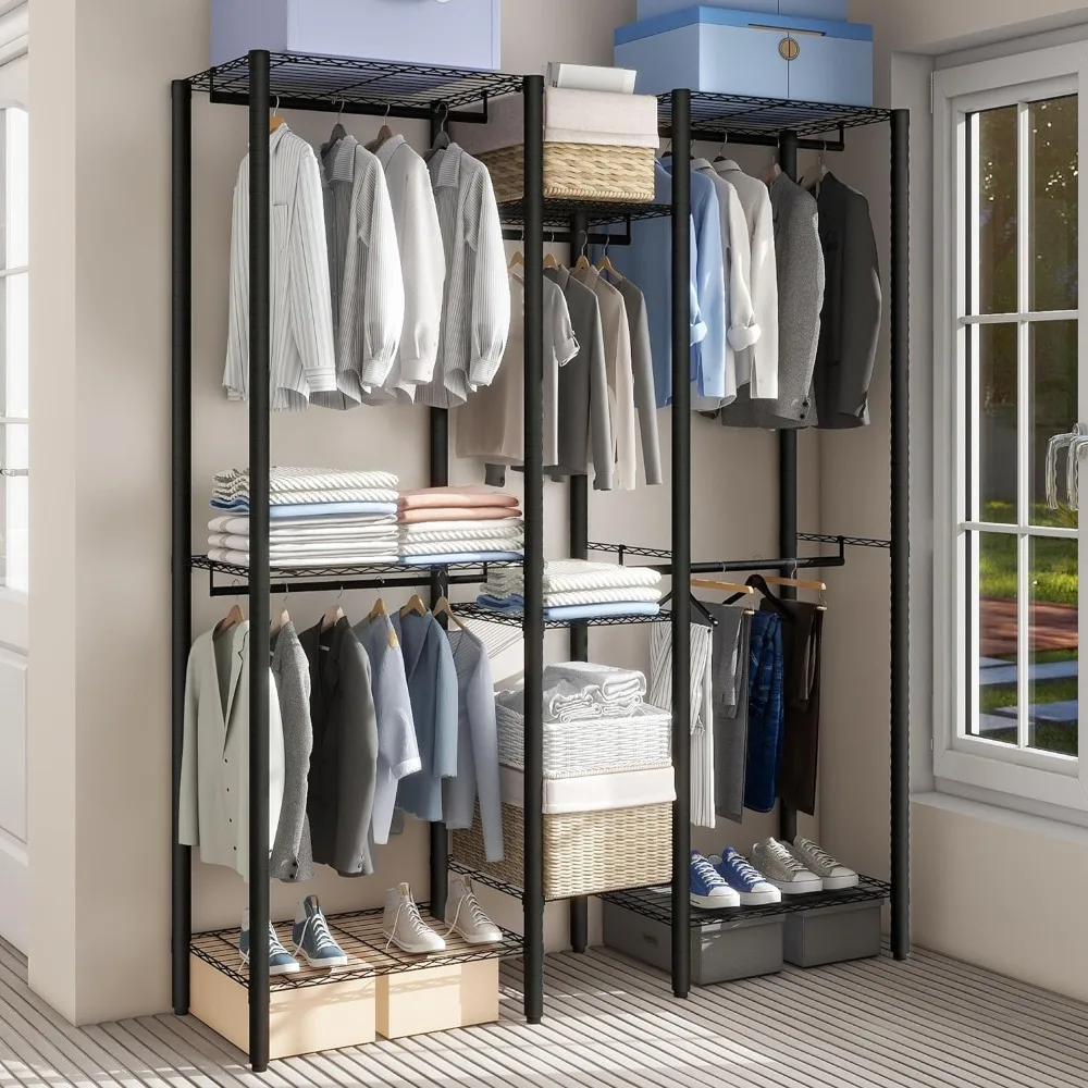 Heavy Duty Clothes Rack with Five Hanger Rods, Freestanding Metal Wardrobe Storage Rack with Adjustable 8 Tiers Wire Shelving