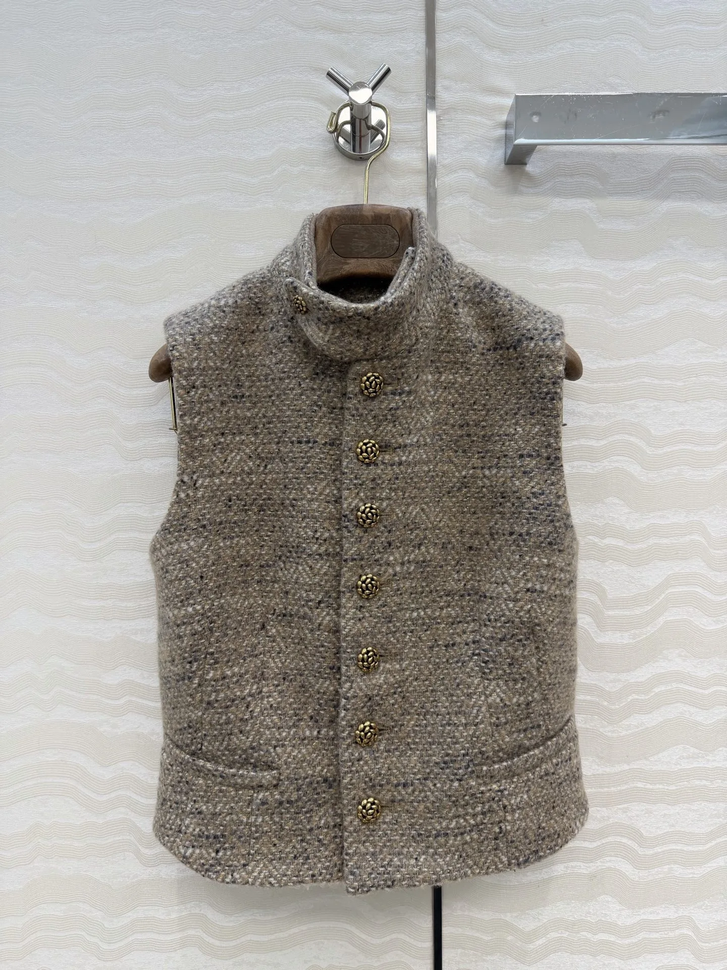 Women 2026 Wool Tweed Stand Collar Vest Single Metal Buttons High Waist Slim Fit