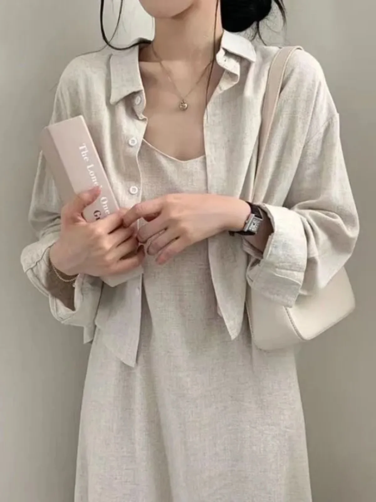 Chic Vintage Autumn Fashion Set Women's Long Sleeve Shirt And Strap Dress Two-Piece Suit Age-Defying Elegant Style