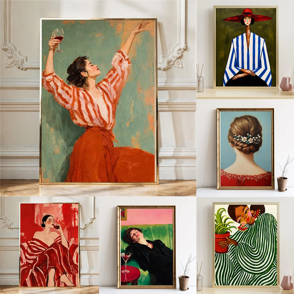 Vintage Woman With Wine Wall Art Print Elegant Feminine Portrait Poster Modern Boho Canvas Painting Black Woman Floral Wall Art