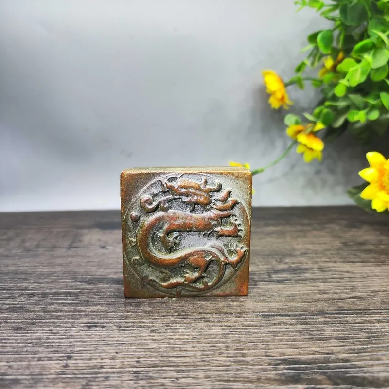Antique Patina Alloy Copper Living Room Decorative Ornament Dragon Relief Seal Ink Box 5.5*5.5*2.5CM
