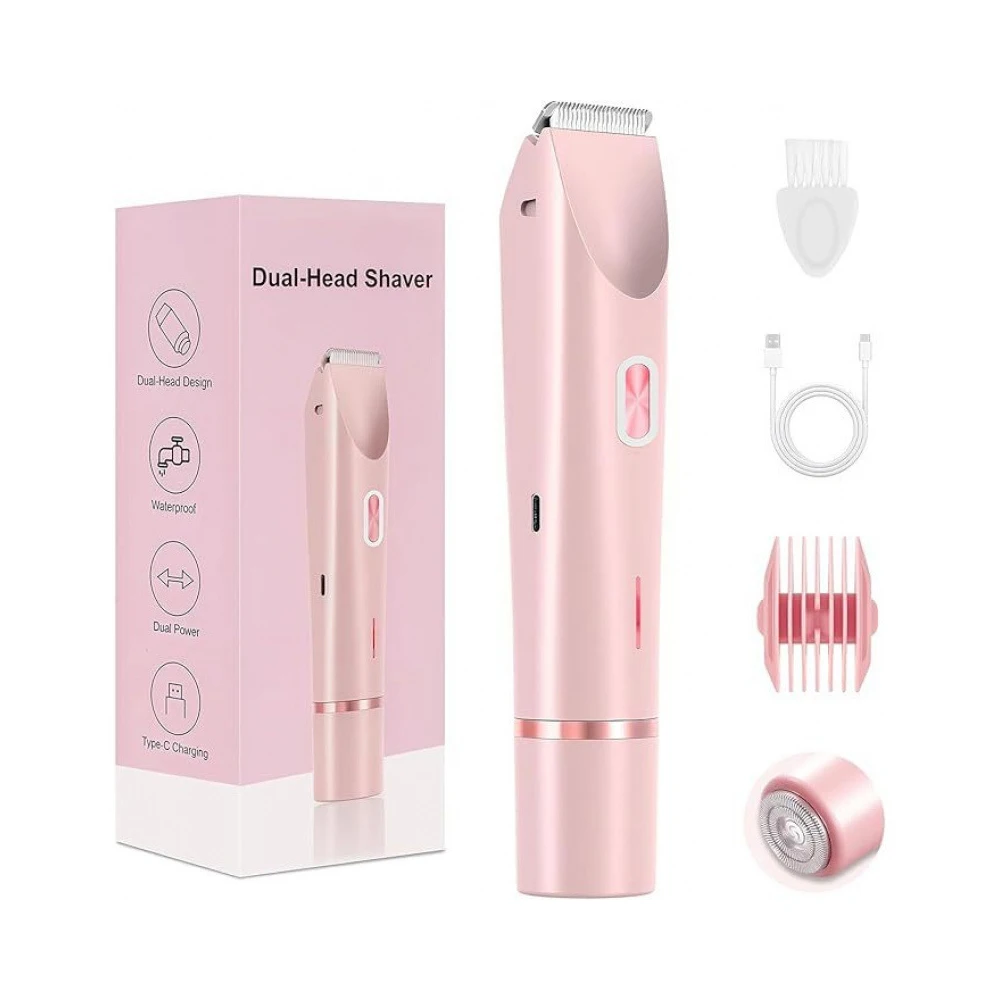 2-in-1 Rechargeable Bikini Trimmer for Women – IPX7 Waterproof Dual-Head Shaver, Body Pubic Hair Razor, Wet/Dry Painless Compact
