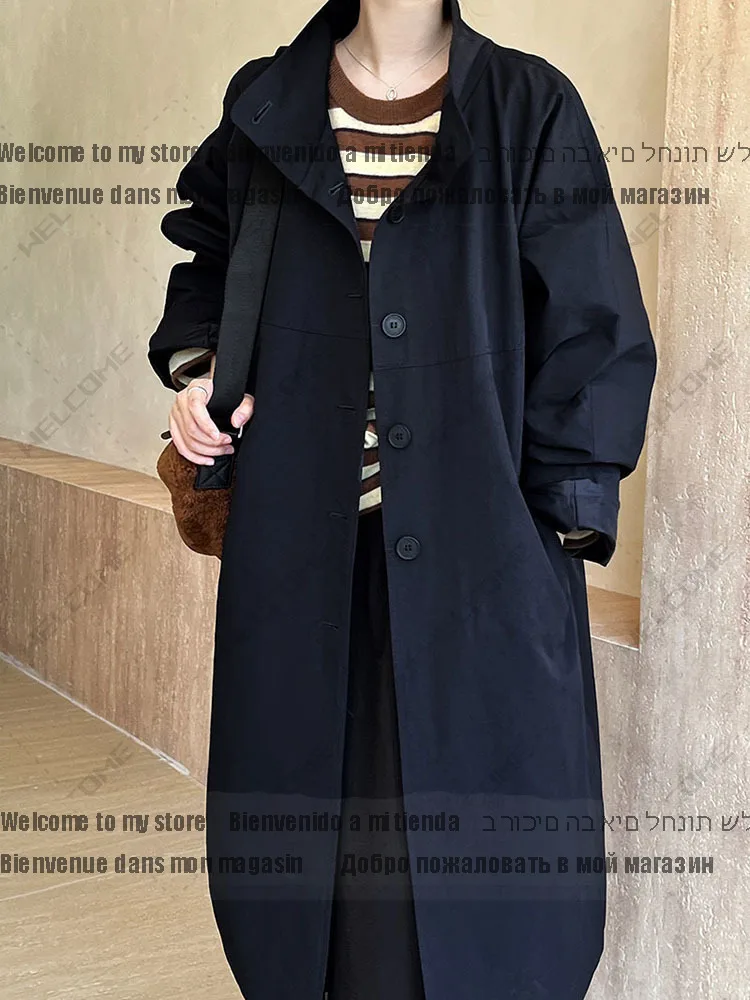 Women Navy Blue Big Size Long Elegant Trench New Stand Collar Long Sleeve Windbreaker Fashion Spring Autumn