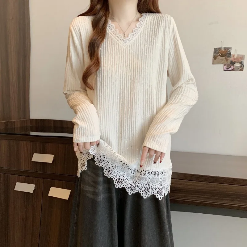 2026年春新作 レディース 長袖Tシャツ キラキラレース パッチワーク Vネック 韓国風 ルーズフィット カジュアルシックブラウス