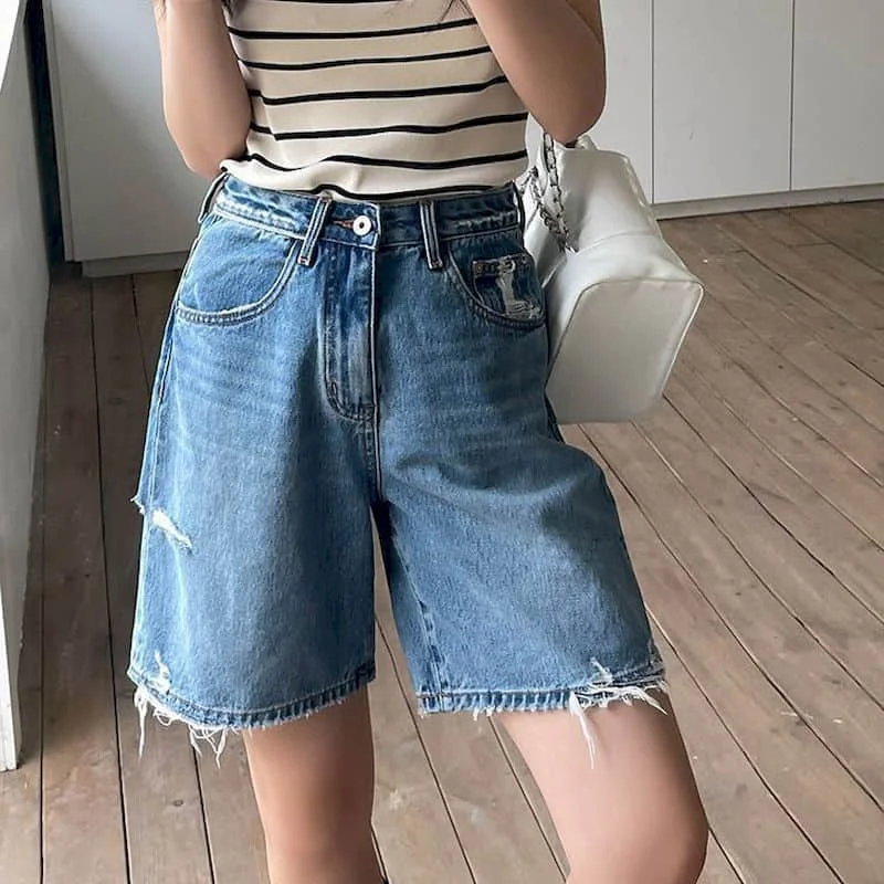 Denim Wide Leg Pants Loose 2026 Summer Large Size Five-point Pants American Style Ripped Jeans Vintage Women Baggy Y2k Clothes
