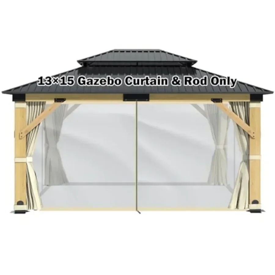 13' X 15' Wooden Gazebo Curtains Part Rod - Outdoor Hardtop Patio Gazebo  Netting Walls with Zipper Breathable Mesh and Privacy