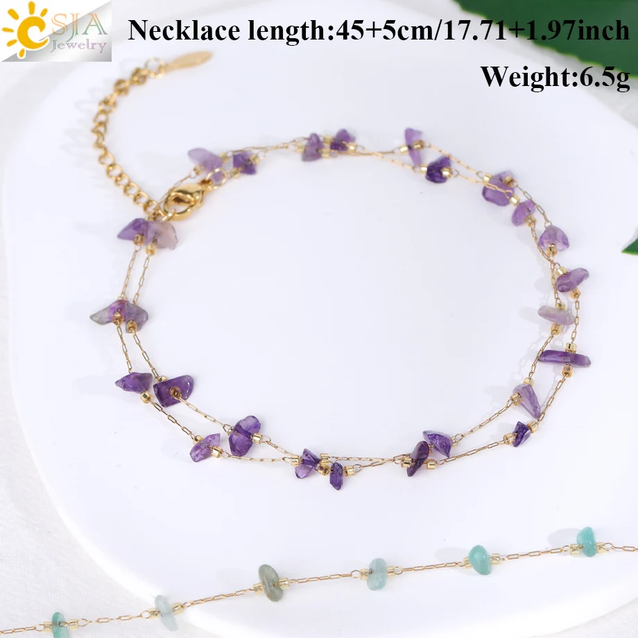 CSJA Natural Chip Bead Necklace Gold Color Stainless Steel Chain Choker Healing Amethysts Tiger Eye Pink Quartz Jewelry H530