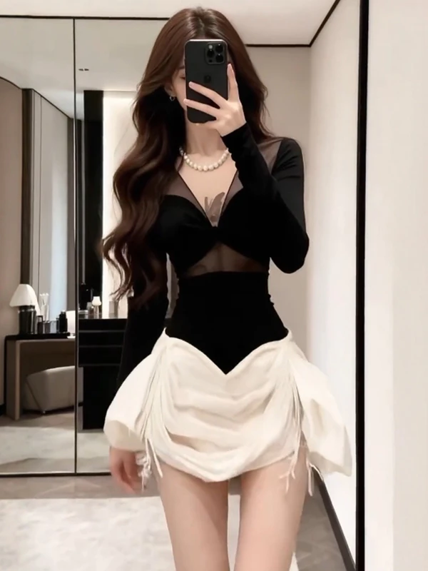 

Sexy Retro Lace Splice Dr Women's Autumn Winter Slim Fit ort Skirt V-ne ting High-ade Bla Slimming Dr