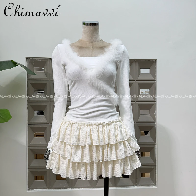 

Korean Style Elegant Sweet Square Neck Long Sleeve Furry Slim Tops High Waist A-line Cake Mini Skirts Two-piece Set for Women