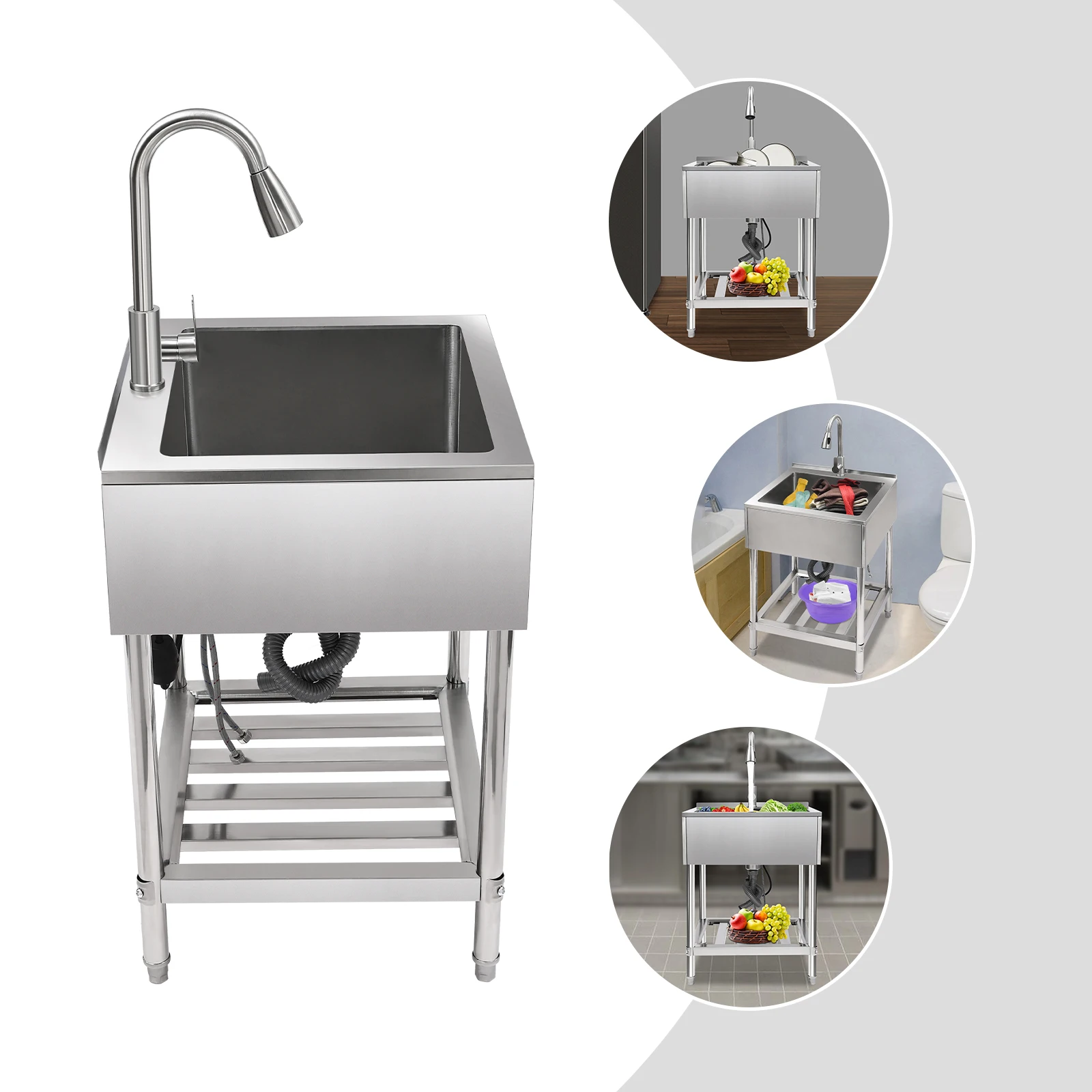 

25x22 Inch Stainless Steel Commercial Sink, 6mm Thick with Faucet & Stand, 220lbs Capacity for Kitchen/Laundry (Silver)