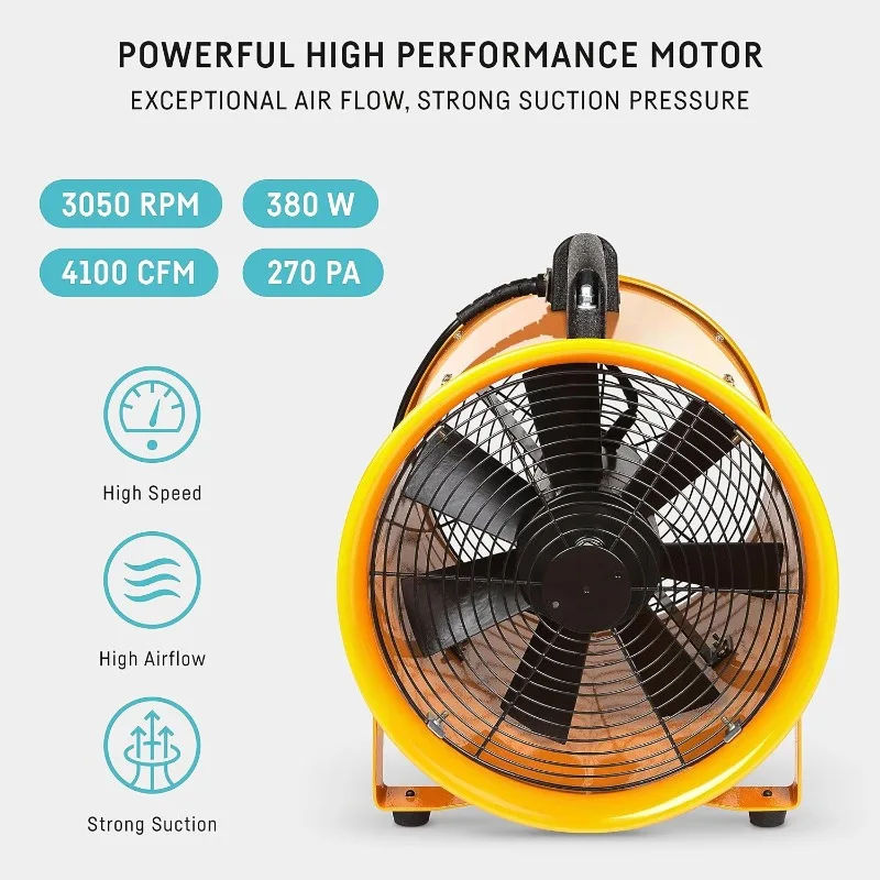 neverest® Portable Blower Exhaust Fan 12 inch Strong Shop Ventilation Fan 4100 CFM 3050 RPM, 380 W, Construction Fan With Hose