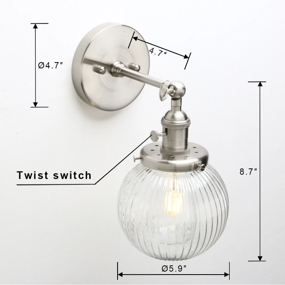 Phansthyvintage Industriële Wandkandelaar Verlichtingsarmatuur Met Mini 5.9 "Ronde Doorzichtige Bol Geribbelde Glazen Kap (Chroom)