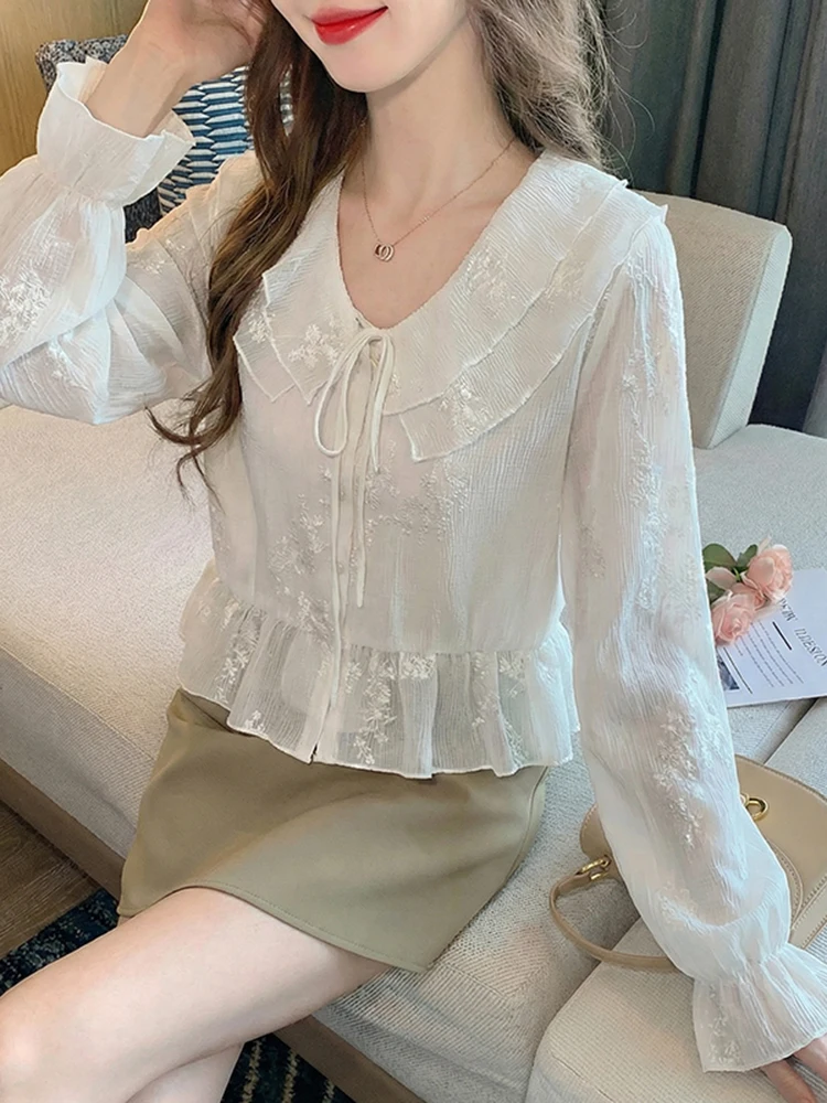 

Женская блузка Ele Lady's Long Sleeve из тафты с воротником «кукла» для весеннего сезона, повседневный шикарный топ для деловых поездок и путешествий