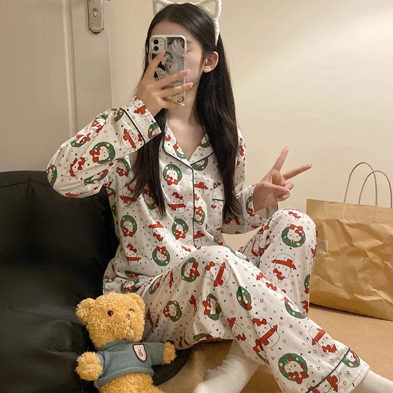 Sanrio pajamas winter Hello Kitty loungewear cotton lapel two-piece set cartoon women's suit Hello Kitty women's pajamas