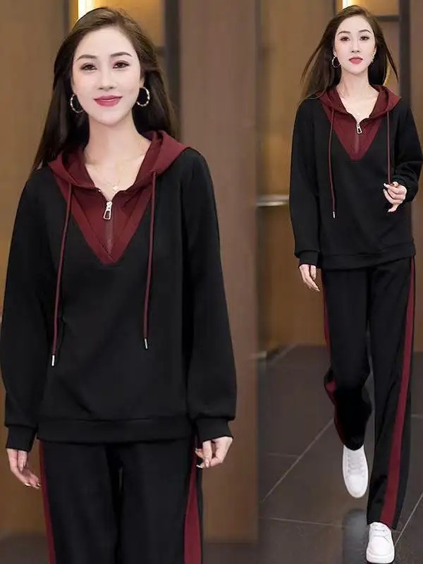 

Комплект из двух предметов: худи свободного кроя с цветными вставками и широкие брюки. Новинка весна-осень. Уличный стиль, корейский стиль, высокая талия, длинный рукав.